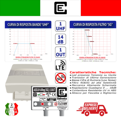 <p>Amplificatore TV per antenna 1 ingresso UHF da <strong>10dB con filtro 5G</strong> e 1 out con uscita IMD3 da 106dB&micro,V</p> - immagine 3