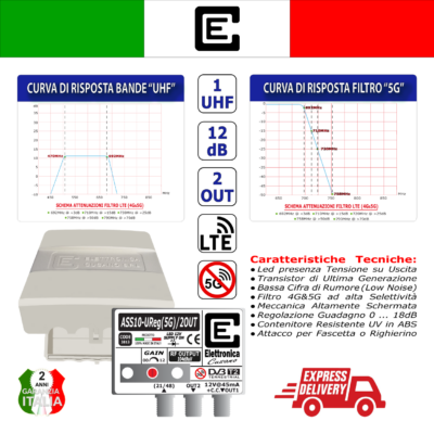 <p>Amplificatore TV per antenna 1 ingresso UHF da <strong>10dB con filtro 5G</strong> e 2 out con uscita IMD3 da 106dB&micro,V</p> - immagine 3