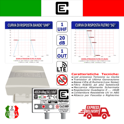 <p>Amplificatore TV per antenna 1 ingresso UHF da <strong>20dB con filtro 5G</strong> e 1 out con uscita IMD3 da 108dB&micro,V</p> - immagine 3