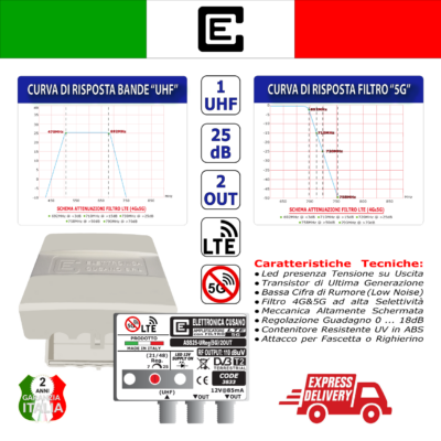 <p>Amplificatore TV per antenna 1 ingresso UHF da <strong>25dB con filtro 5G</strong> e 2 out con uscita IMD3 da 110dB&micro,V</p> - immagine 3