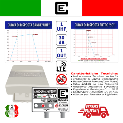 <p>Amplificatore TV per antenna 1 ingresso UHF da <strong>30dB con filtro 5G</strong> e 1 out con uscita IMD3 da 112dB&micro,V</p> <p></p> - immagine 3