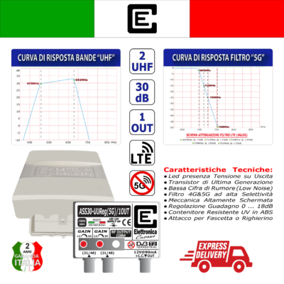 <p>Amplificatore TV per antenna 2 ingressi UHF da <strong>30dB con filtro 5G</strong> e 1 out con uscita IMD3 da 112dB&micro,V</p> - immagine 3